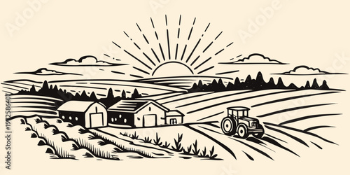 Vintage farm scene with a tractor barn and rising sun illustration