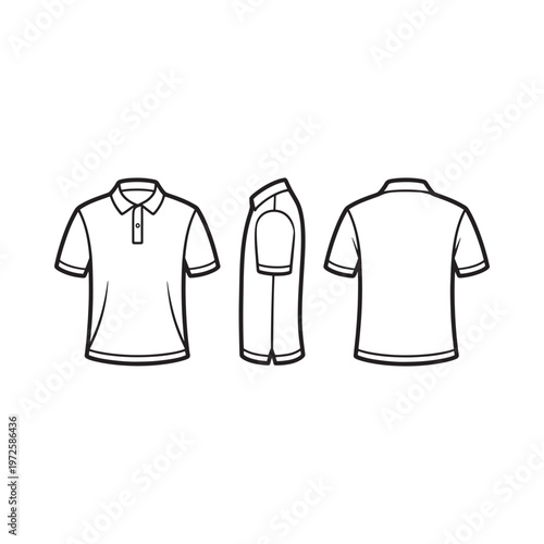 Black and white illustration of a polo shirt with accompanying views