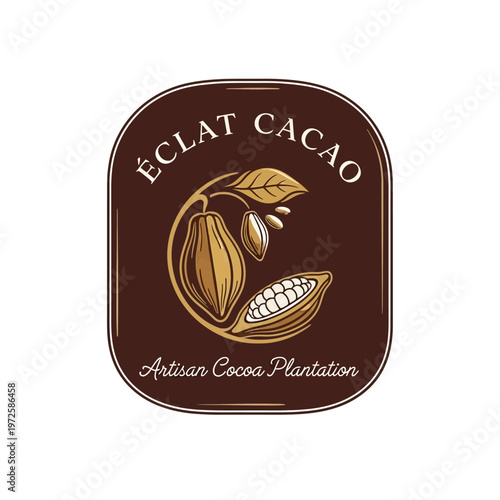 Artisan Cocoa Plantation Eclat Cacao Logo with detailed pods and leaves on an isolated white background, representing organic chocolate farming.