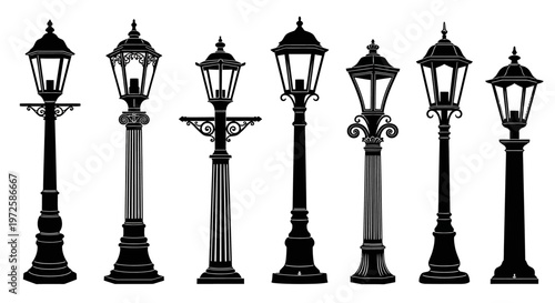 Collection of old fashioned street lamps.