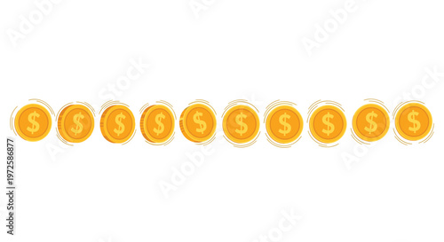 A sequence of shiny gold dollar coins displays various stages of rotation across a horizontal plane against a pristine white background with subtle motion lines.