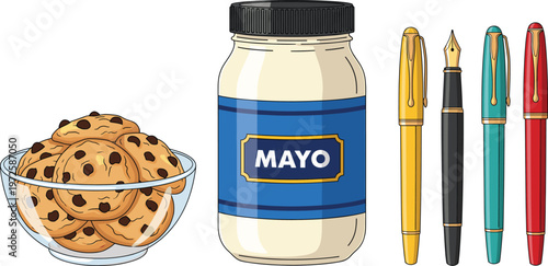 Sweet Chocolate Chip Cookies in Glass Bowl, Creamy Mayonnaise Jar Container, and Elegant Fountain Pen Set with Gold Nib for Stationery Design