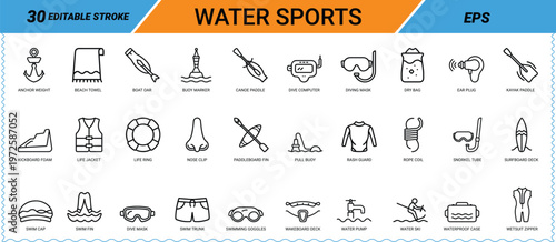 Water sports line icons collection featuring swimming gear and aquatic symbols