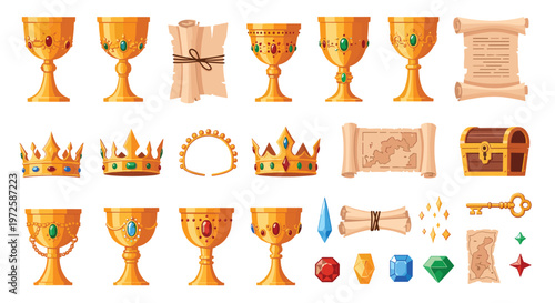 A vast collection of meticulous medieval fantasy game assets featuring ornate golden chalices and jeweled crowns rests neatly on a plain white backdrop.