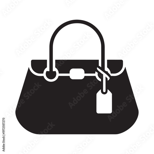 Simple black silhouette of a handbag with a tag and handle