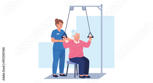 A dedicated female nurse provides support to an elderly woman performing shoulder rehabilitation exercises using a pulley system against a blue backdrop.