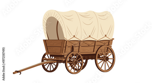 A meticulous wooden Conestoga wagon with a large beige canvas cover and detailed spoked wheels stands ready for a historical journey across the plains.