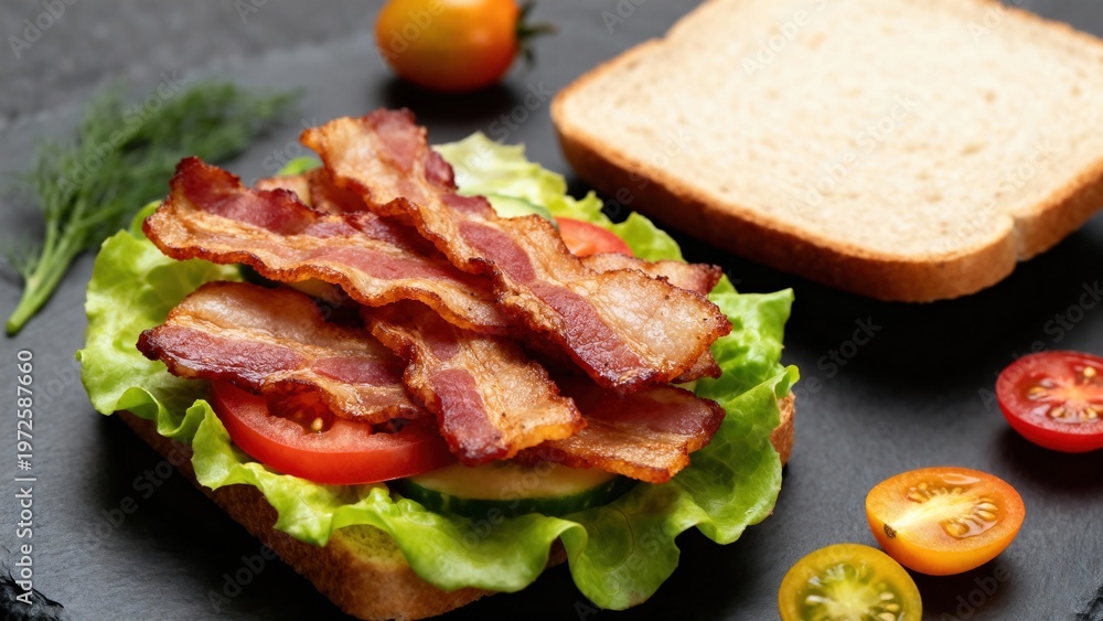 Obraz premium Detailed blt, sandwich, bacon, lettuce, tomato concept with soft natural light, dynamic composition, high clarity, perfect for commercial use, marketing visuals, digital platforms and creative design 