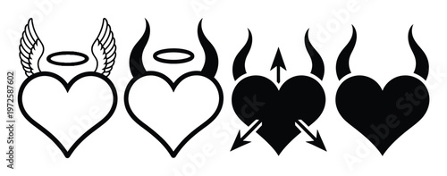 Angel and Devil Hearts with Wings, Halos, and Horns