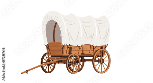 A pristine traditional pioneer wagon featuring a white canvas top and sturdy brown wooden frame stands prominently against a clean white background area.