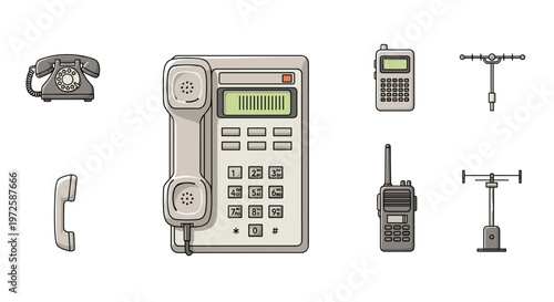This comprehensive set of communication technology features various devices ranging from classic rotary telephones to modern digital office units and portable radio transceivers.