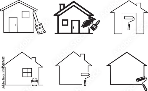 Home painting renovation icon set with house repair tools outline isolated background