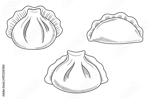 Hand-Drawn of Dumplings and Khinkali on a White Background