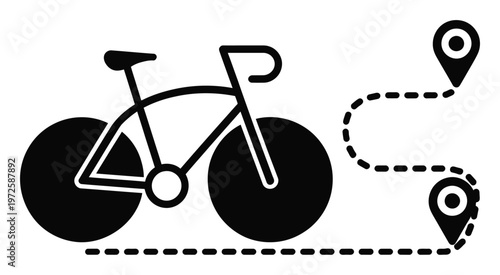 Of a bicycle with a dotted route and location pins, representing travel and navigation
