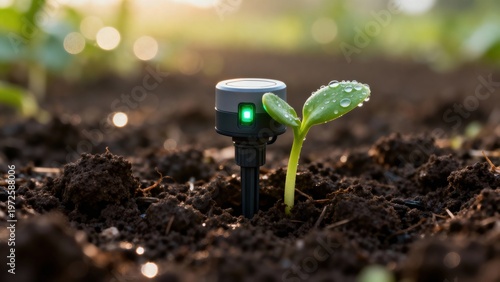 Minimal sensor, plant, soil, farm, agriculture scene in studio lighting, refined composition, soft lighting, ideal for modern branding, social media visuals, advertising layouts and creative design pr