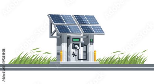 Solar powered electric vehicle charging station on grassy roadside