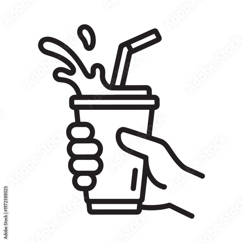 Hand holding a disposable cup with liquid and straw line art