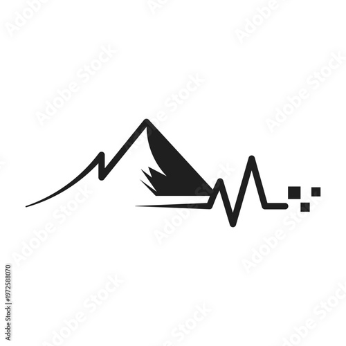 Minimalist Mountain Peak with Heartbeat Pulse and Digital Pixel Dissolution, Adventure Life and Nature Tech Fusion T-Shirt Design Vector
