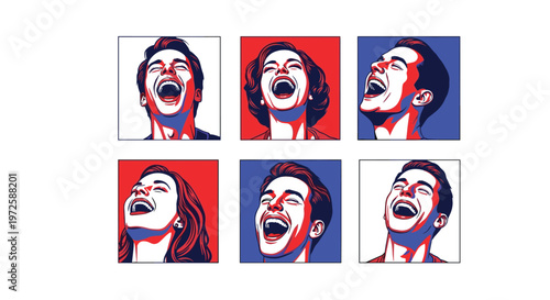 A vibrant collection of six pop-art portraits depicts diverse people laughing with pure joy using a bold color palette of deep red and bright blue tones.