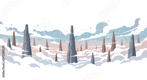 This otherworldly landscape features towering grey stone pillars rising high above a soft layer of clouds beneath a magical sky filled with twinkling stars.