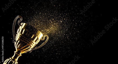 Golden trophy with glittering particles, set against a stark black background