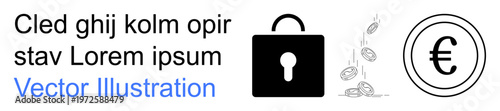 Financial security, online transactions, data protection, European currency, e-commerce, economic stability. Lock symbol, falling coins and euro currency sign. Financial security and online