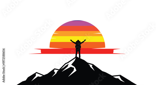 A striking silhouette of a triumphant hiker stands on a jagged mountain peak beneath a massive sun featuring vibrant horizontal bands of rainbow colors.