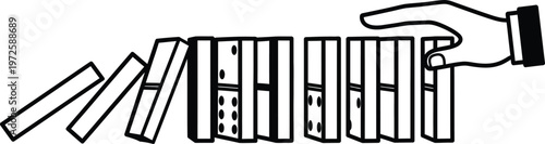 dominos falling down, hand pushing dominoes