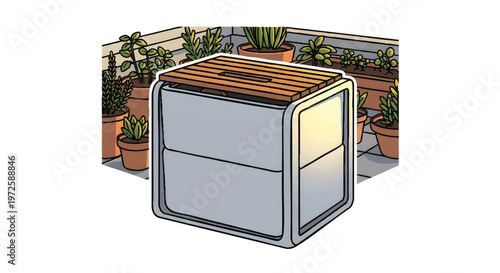 Outdoor fridge on patio with plants