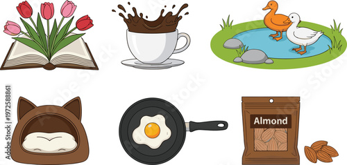 Vector Graphic Set Featuring Pink Tulips in Open Book, Coffee Splash, Ducks by Pond, Pet Bed, Fried Egg, and Bag of Almonds