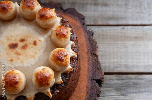 Homemade Simnel Cake traditional English Easter marzipan cake.