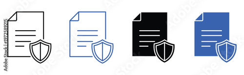 Set of secure document vector icons featuring paper sheets protected by shield security design elements