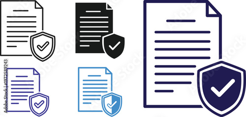 Document protection shield icons displayed as a flat vector graphic set for secure file management