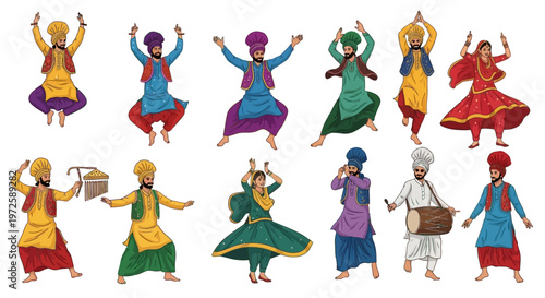 Traditional Indian dancers in colorful attire performing Bhangra.