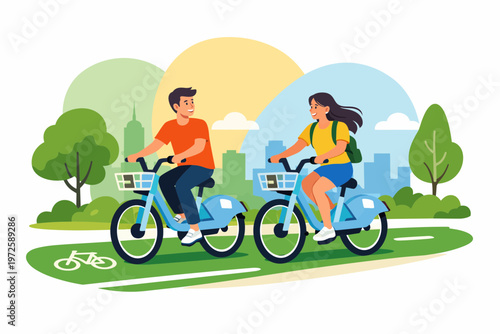 Couple Riding Blue Shared Bicycles in City Park Bike Path