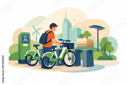 Man using eco-friendly bicycle sharing station in smart green city