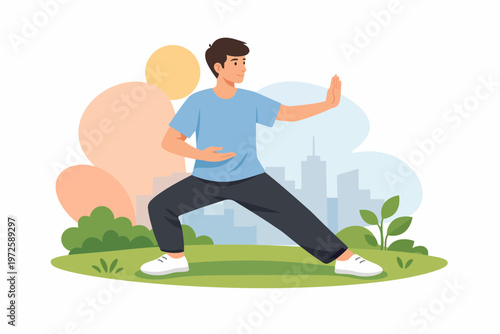 Man Practicing Tai Chi Martial Arts in Urban City Park