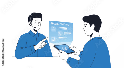 Two businessmen discussing on tablet and screen