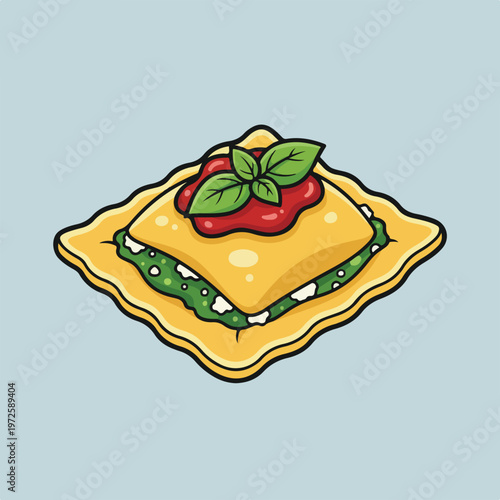 A colorful vector illustration of a single piece of stuffed ravioli pasta topped with rich tomato sauce and fresh green basil leaves on top.