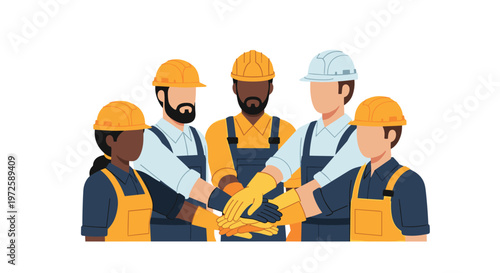 A diverse group of five construction workers wearing protective hard hats and blue overalls stack their gloved hands together in a show of teamwork.