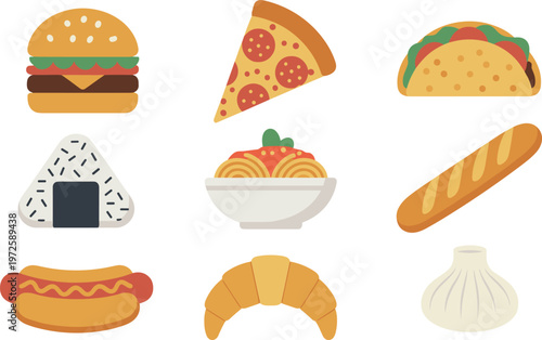 Set of various international fast food and world cuisine vector illustrations including burger pizza taco onigiri spaghetti hot dog and croissant isolated on white background