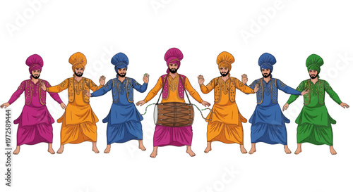 Group of men in traditional Punjabi dance attire performing Bhangra.