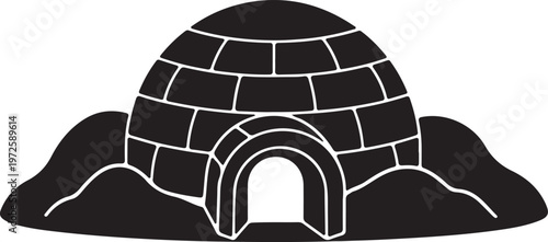 Traditional igloo structure built from snow blocks with an arched entrance silhouette vector icon