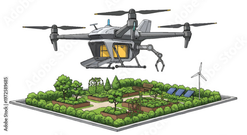 Drone flying over sustainable garden with solar panels and wind turbine