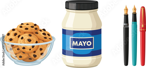 Vector Illustration Set Featuring a Bowl of Chocolate Chip Cookies, a Jar of Mayonnaise, and Colorful Fountain Pens for Office and Kitchen Designs