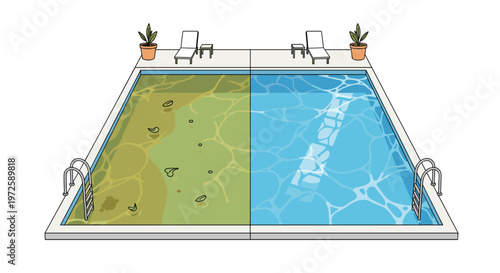 A detailed split-screen illustration showcases a swimming pool area with lounge chairs where one side is murky with leaves and the other is crystal clear.