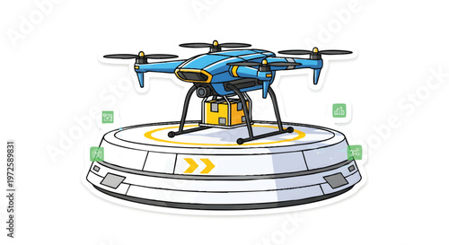 Drone on launchpad, blue quadcopter ready for flight