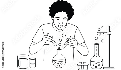 Cartoon man in lab coat holding beakers and test tubes with chemical formulas cartoon character desi