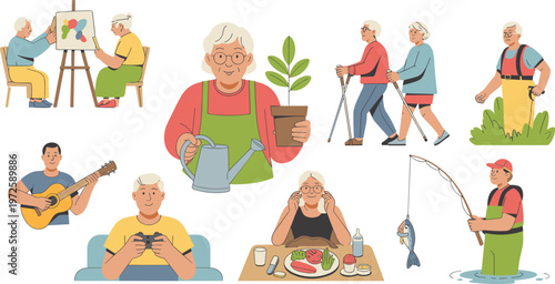 Set of senior people enjoying various hobbies including painting gardening walking fishing playing guitar reading and gaming flat vector illustration.