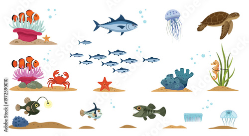 Vibrant collection of cartoon sea creatures including a friendly clownfish and a majestic sea turtle swimming across a pristine white background for kids.